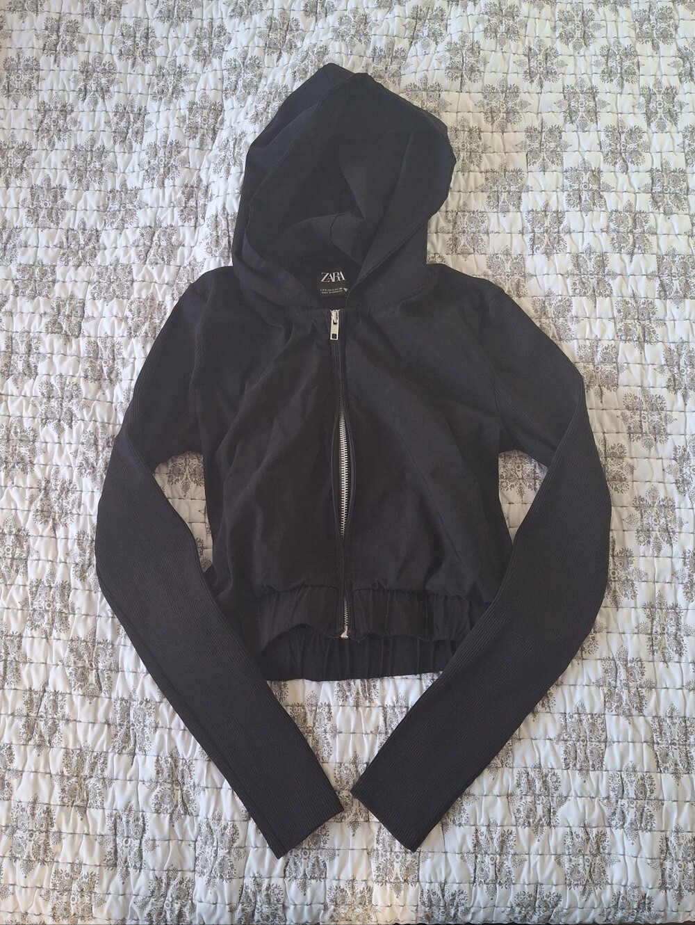 Zara Black Hooded Bomber Jacket with Front Zip